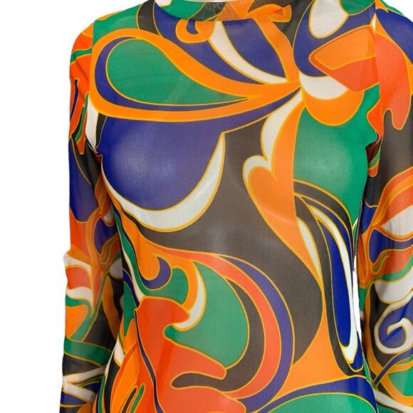 Cherie LA Women's Size Medium Mini Dress Sheer 70’s Hippie Psychedelic Body Con - Picture 8 of 12